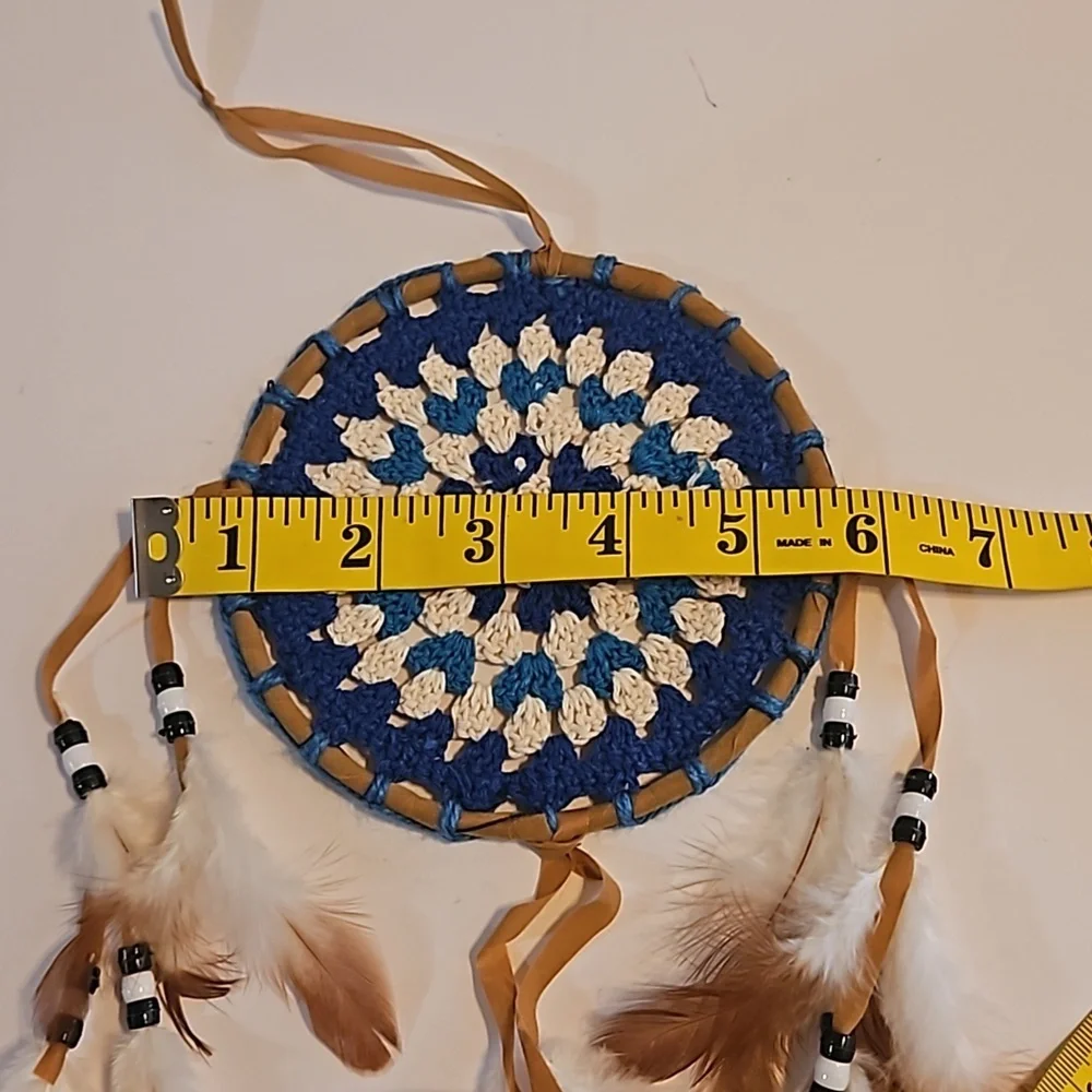 Hand Crafted crochet floral dreamcatcher blue eclectic textile arts wall decor